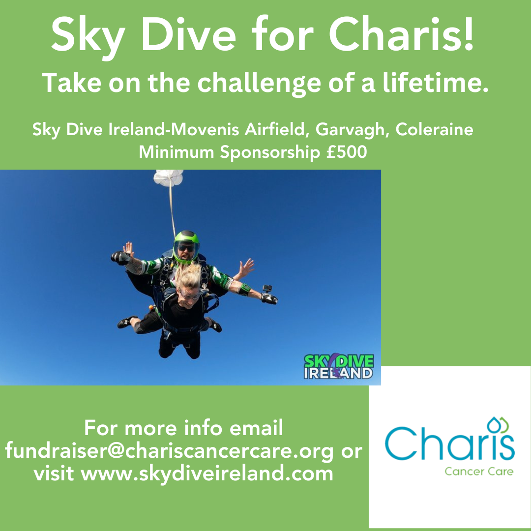 Sky dive for Charis- image of a tandem skydive with text saying take on the challenge of a lifetime and to email fundraiser@chariscancercare.org for more info