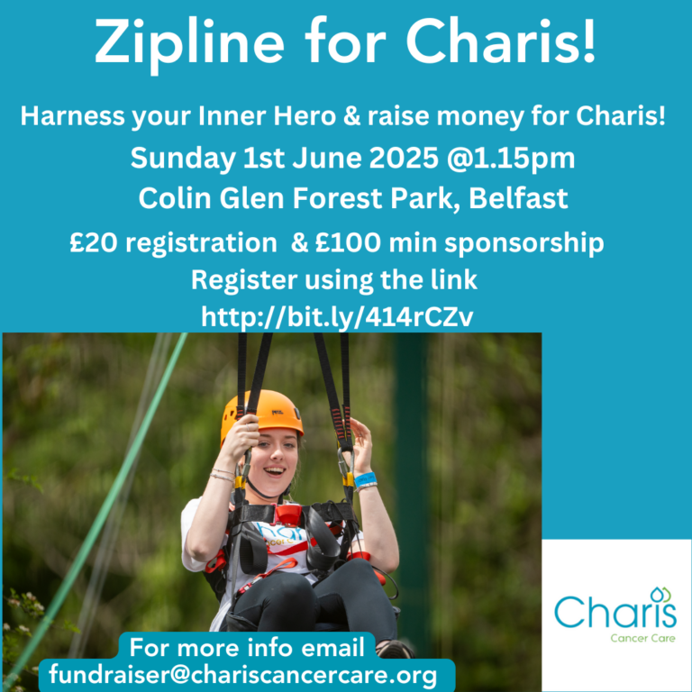 a picture of a girl completing the ipwire wearing a charis t-shirt and helmet with a big smile. Wording- zipline for charis Sunday 1st June Colin Glen forest park