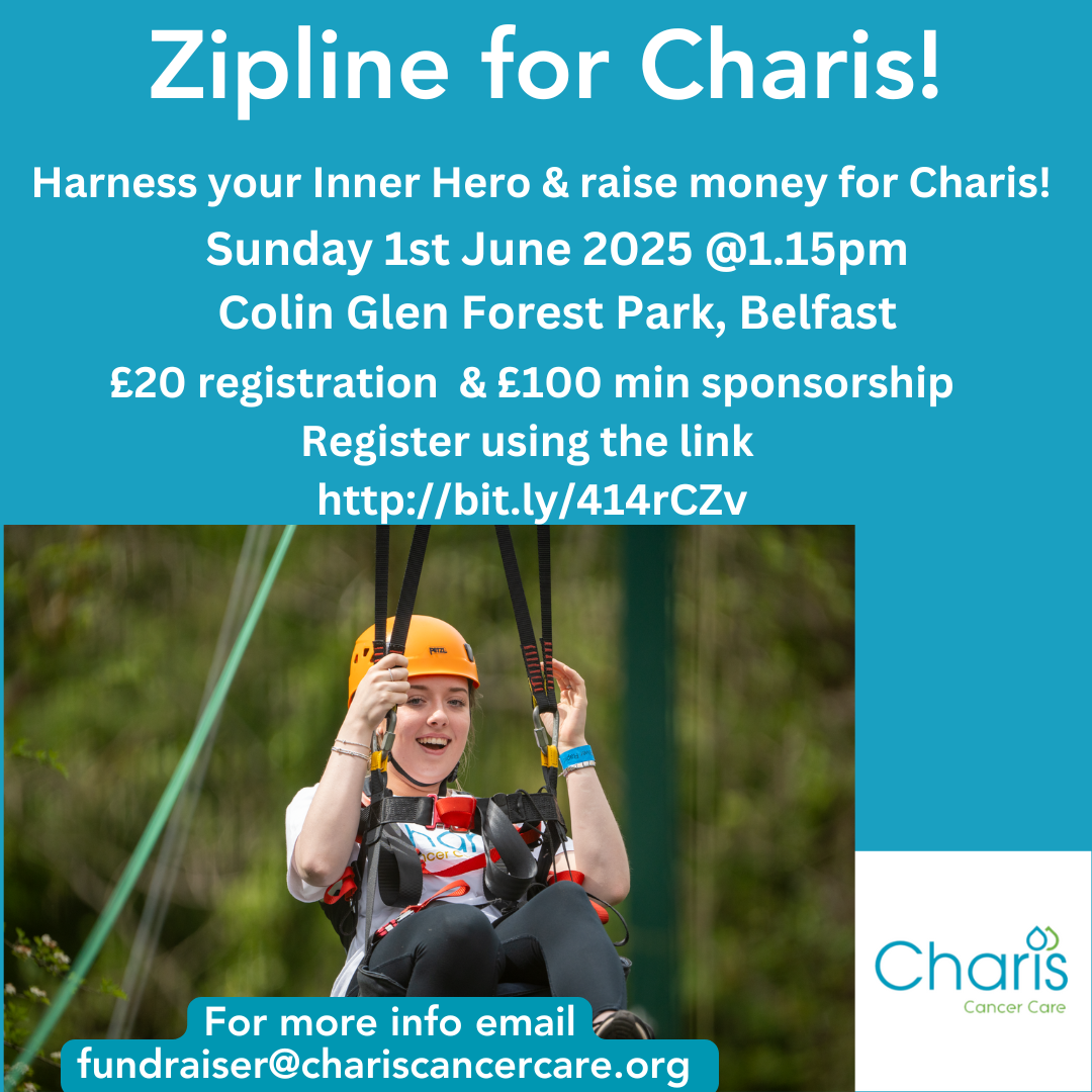 a picture of a girl completing the ipwire wearing a charis t-shirt and helmet with a big smile. Wording- zipline for charis Sunday 1st June Colin Glen forest park